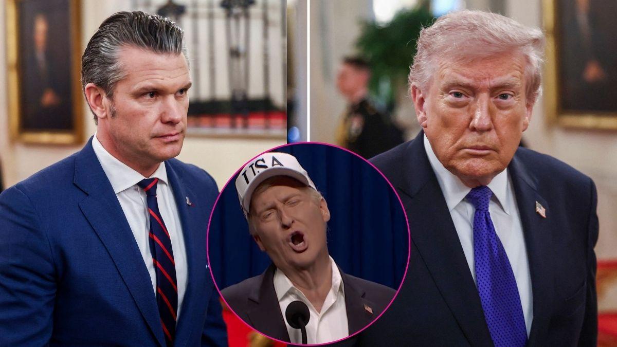 split of Pete Hegseth, Donald Trump and SNL. 