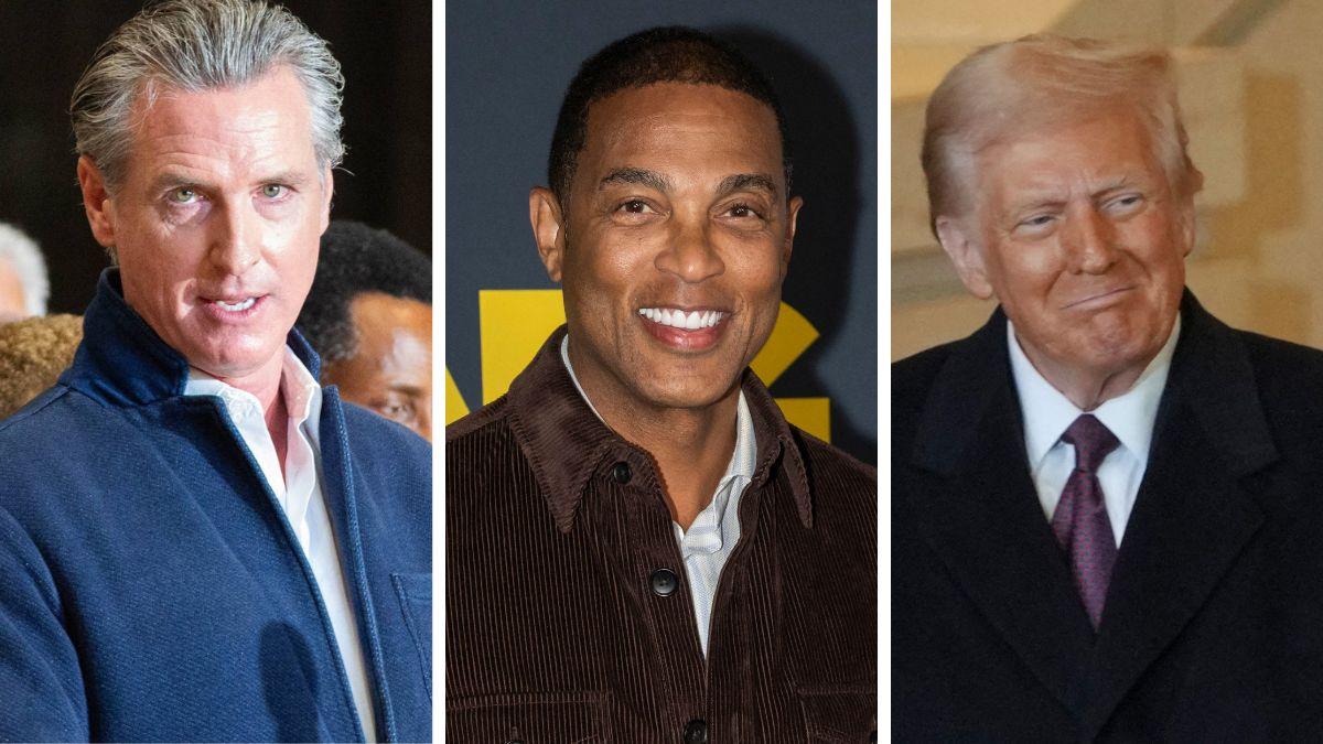 split photo of Gavin Newsom, Don Lemon & Donald Trump