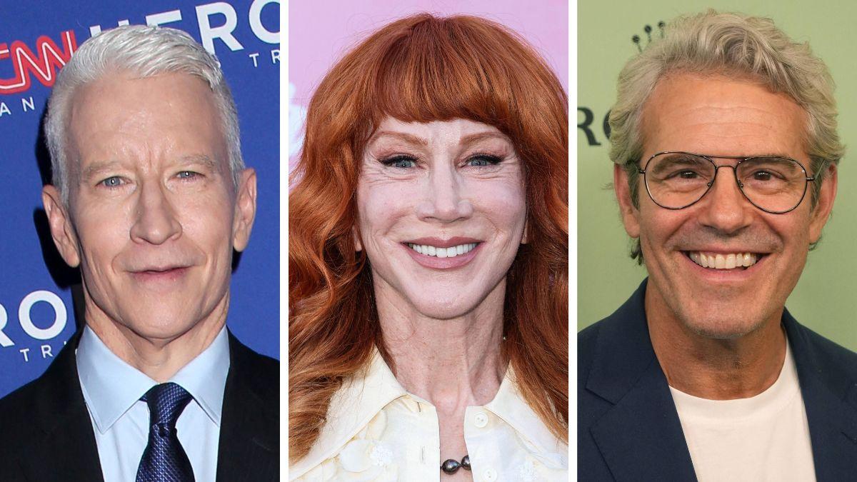 split photo of Kathy Griffin, Andy Cohen and Anderson Cooper