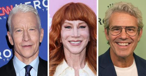 split photo of Kathy Griffin, Andy Cohen and Anderson Cooper