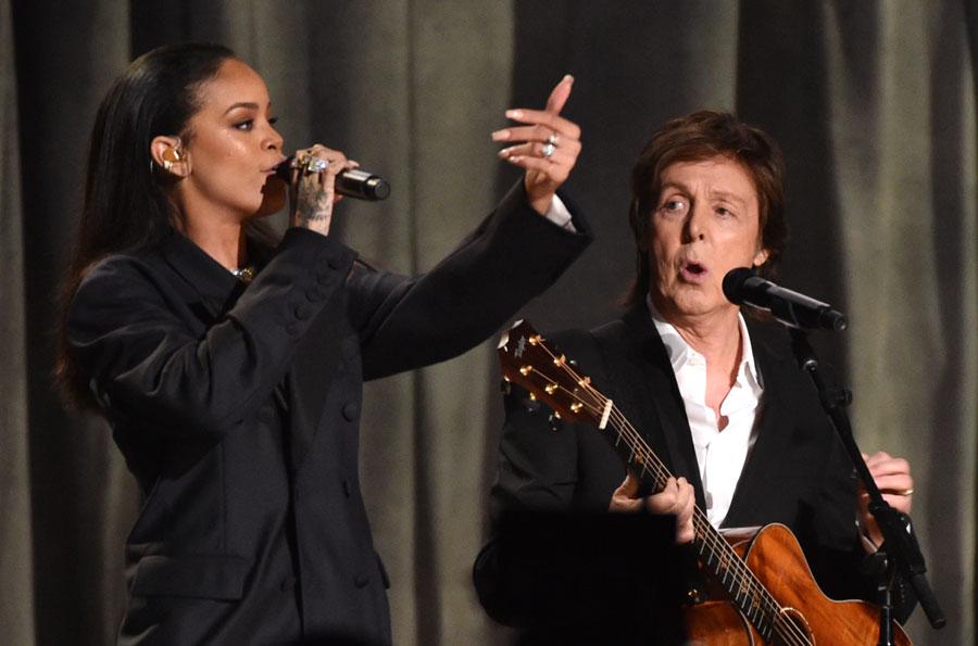 Rihanna kanye west paul mccartney performing at the 2015 grammy awards