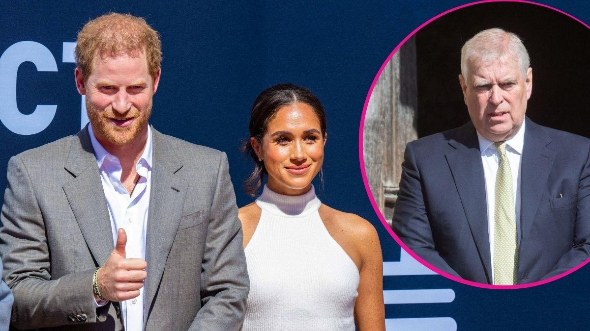 image and inset of meghan markle, prince harry , prince Andrew
