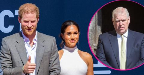 image and inset of meghan markle, prince harry , prince Andrew