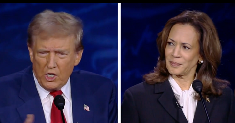 kamala harris donald trump debate laughing maga hat