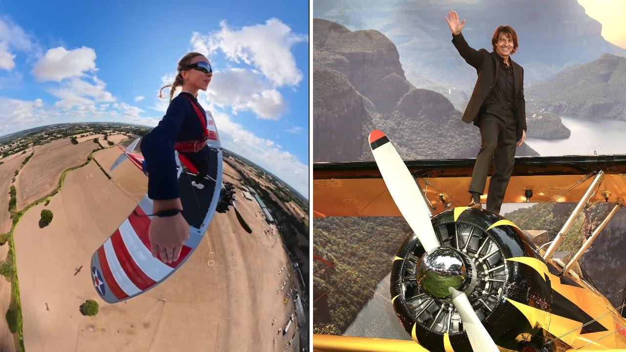 image of Sydney Sweeney jokingly warned Tom Cruise to ‘watch out’ after sharing footage of the impressive airplane stunt.