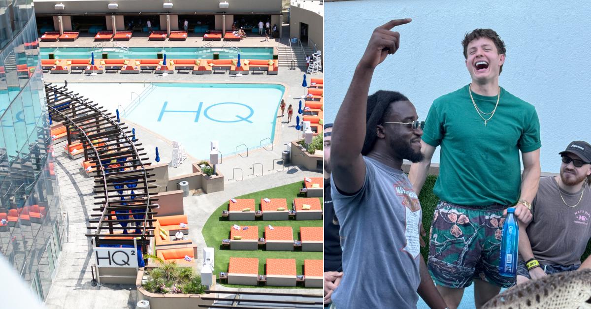 Photo of HQ2 Beach Club and picture of Matt Rife and Shaboozey.