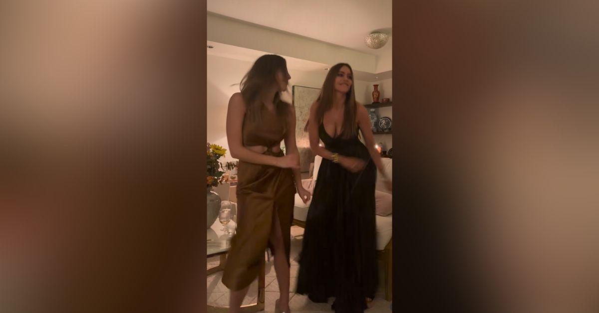 image of The actress wore a plunging black gown while Claudia Vergara rocked a metallic cutout dress.