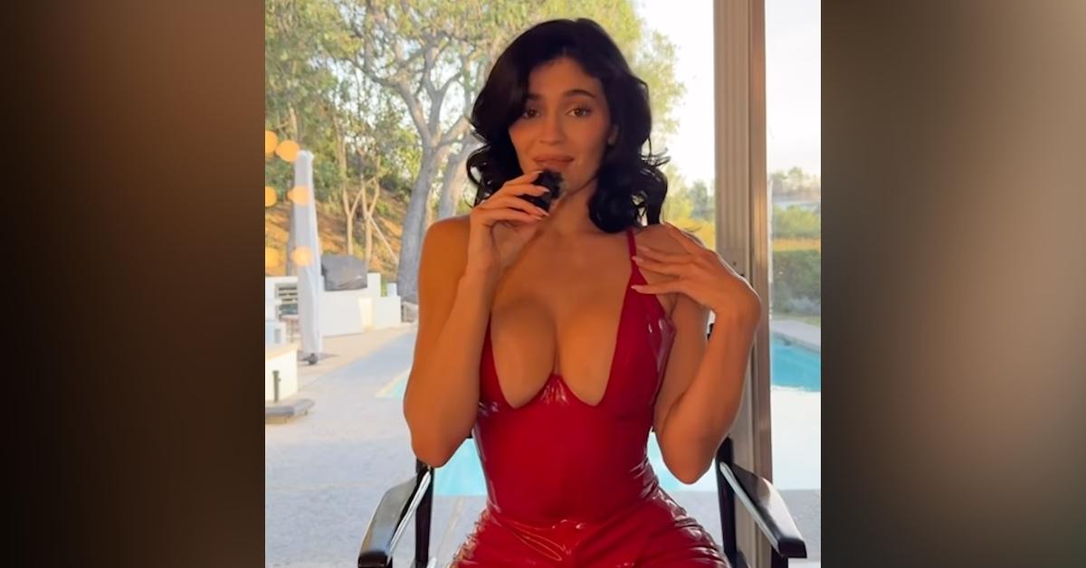 kylie jenner flaunts cleavage tiny waist latex bodysuit khy clothing line photos