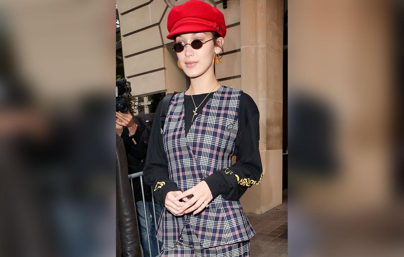 Bella Hadid exits the Royal Monceau Hotel in Paris during Paris Fashion Week