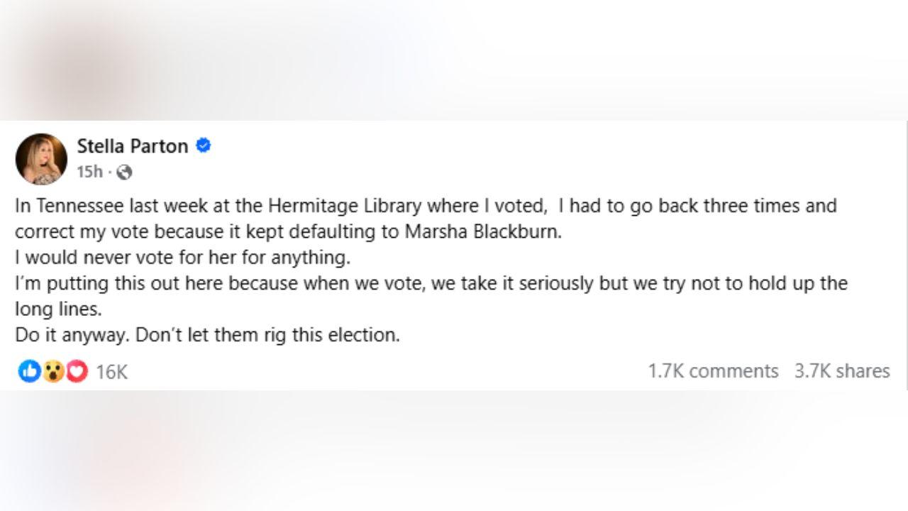 image of Stella Parton said she had to correct her ballot selections three times while voting early at the Hermitage Library in Tennessee.