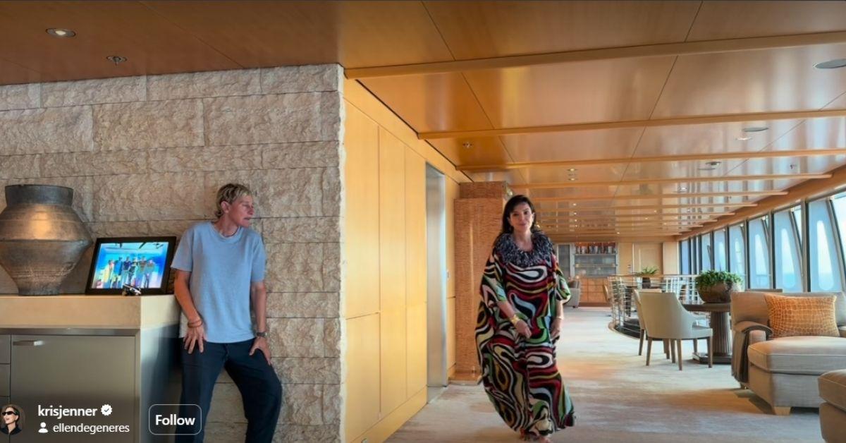 image of Ellen DeGeneres startled Kris Jenner during a vacation in Mallorca by hiding behind a wall.