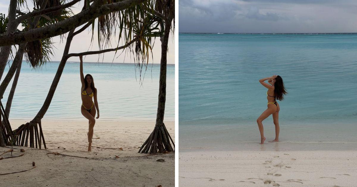 image o The model showed off her toned physique in a yellow bikini while exploring scenic oceanfront locations.