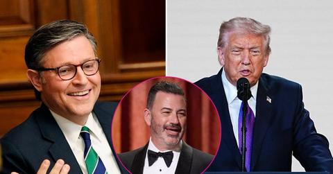 Composite photo of Mike Johnson, Donald Trump and Jimmy Kimmel.