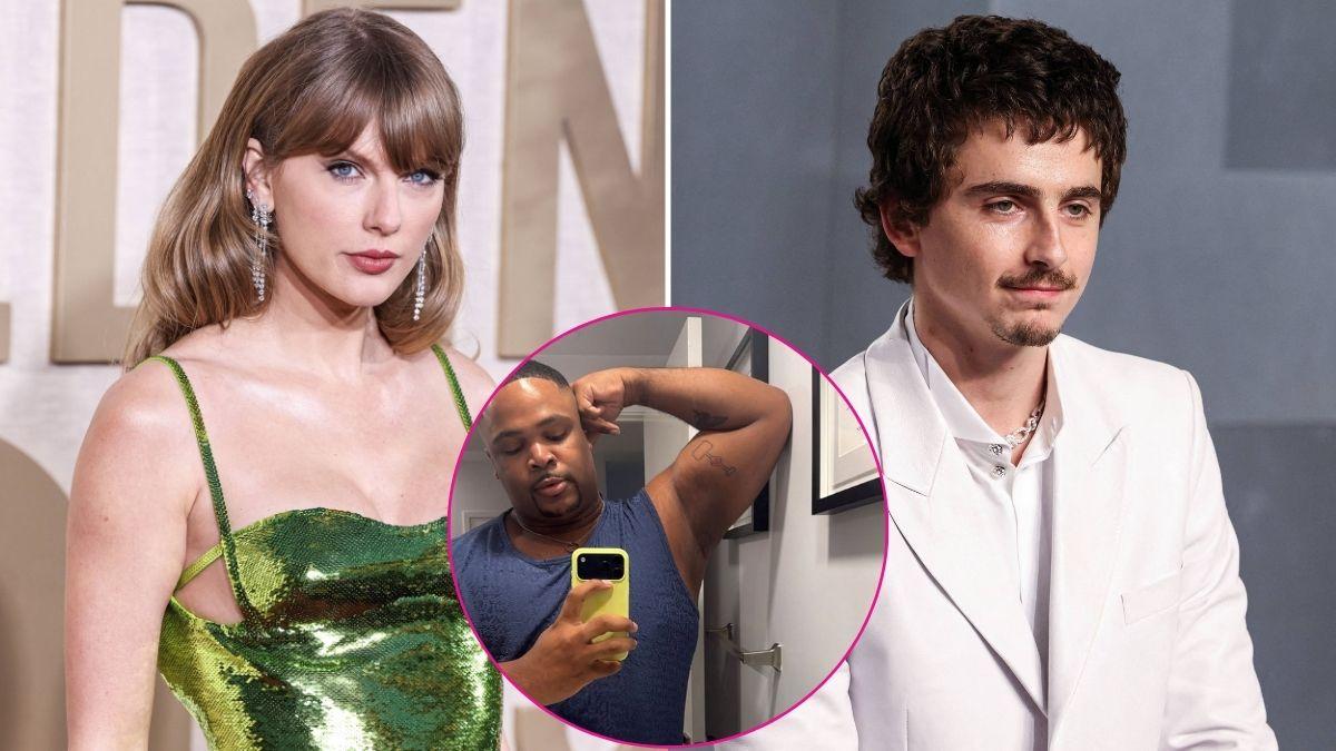 Split photo of Taylor Swift, Kameron Saunders, and  Timothée Chalamet.