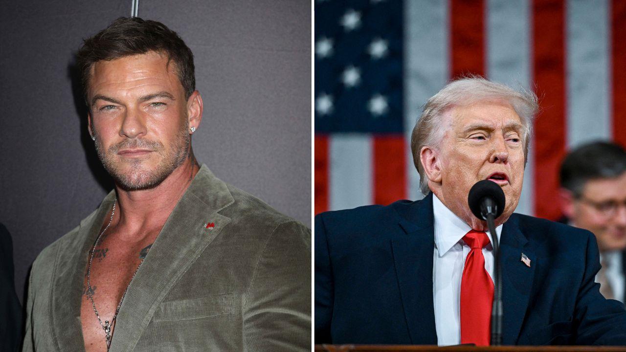 Split photo of Alan Ritchson and Donald Trump