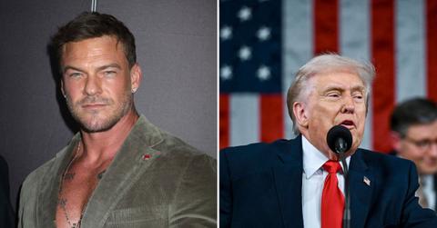 Split photo of Alan Ritchson and Donald Trump