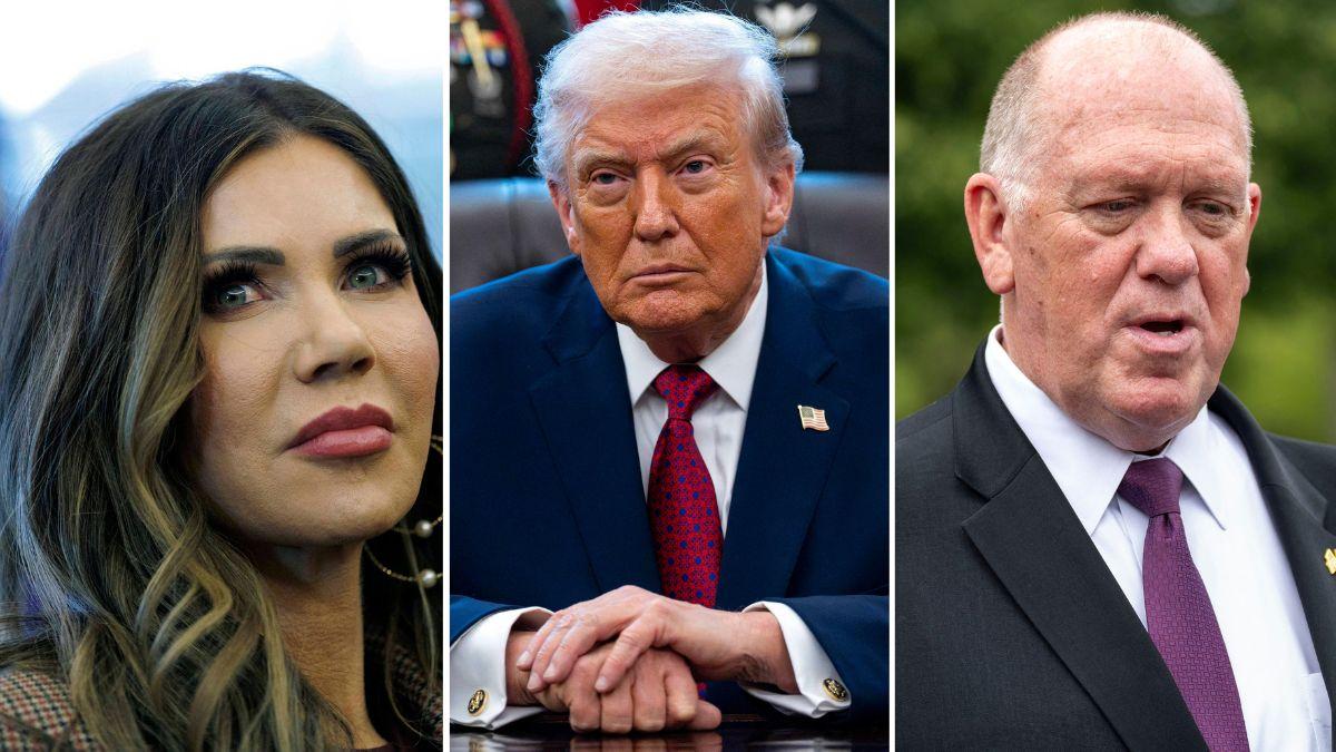 Split photo of Kristi Noem, Donald Trump & Tom Homan