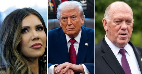 Split photo of Kristi Noem, Donald Trump & Tom Homan