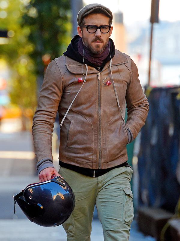 Ryan Reynolds looks cool in a leather jacket as he rides motorcycle in Tribeca, NYC