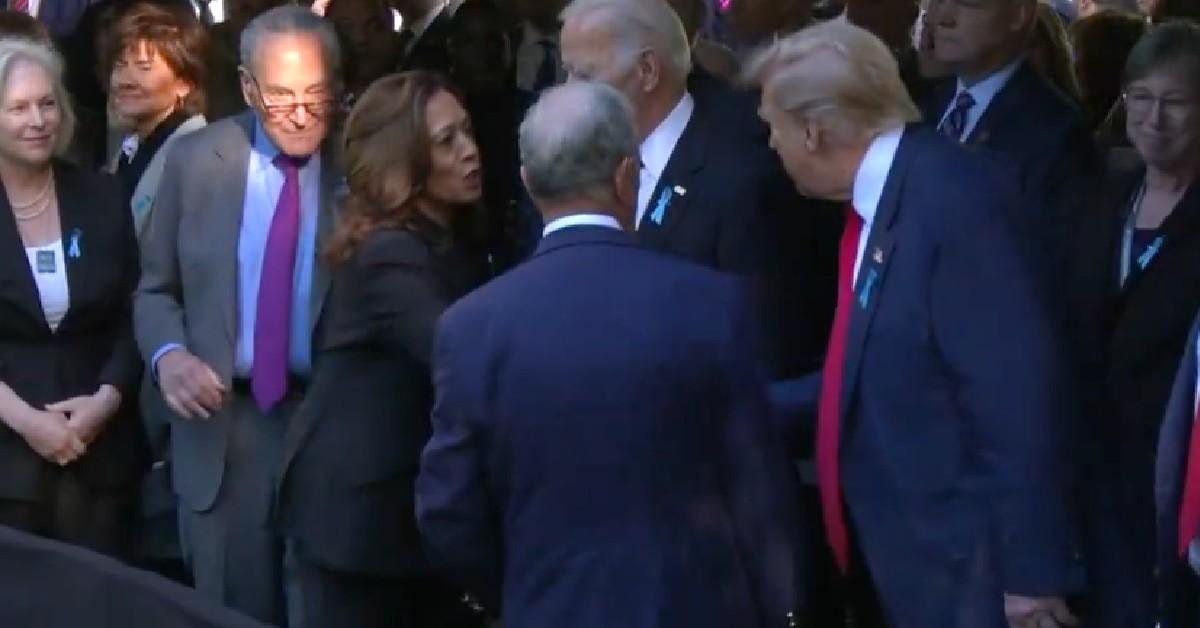 Photo of Kamala Harris and Donald Trump shaking hands.