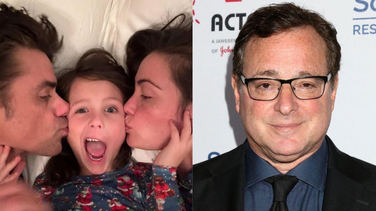 Split image of John Stamos, Billy Stamos, and Caitlin McHugh Stamos, and Bob Saget. 