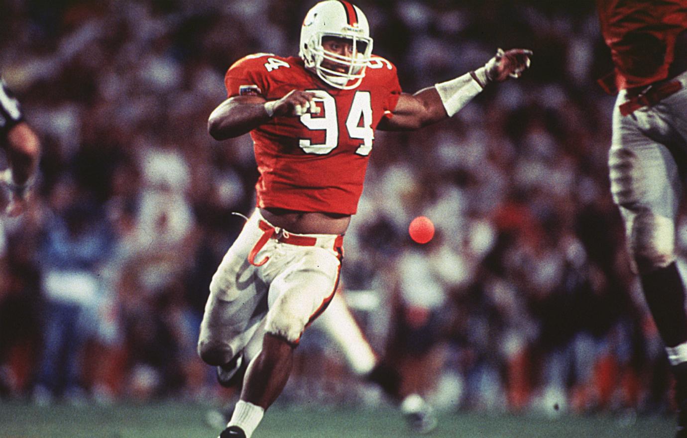 Dwayne Johnson, soon to be known as “The Rock,” sported his #94 for the University of Miami Hurricanes. The blocker helped the team’s running backs run the ball upfield at the Orange Bowl in Miami.