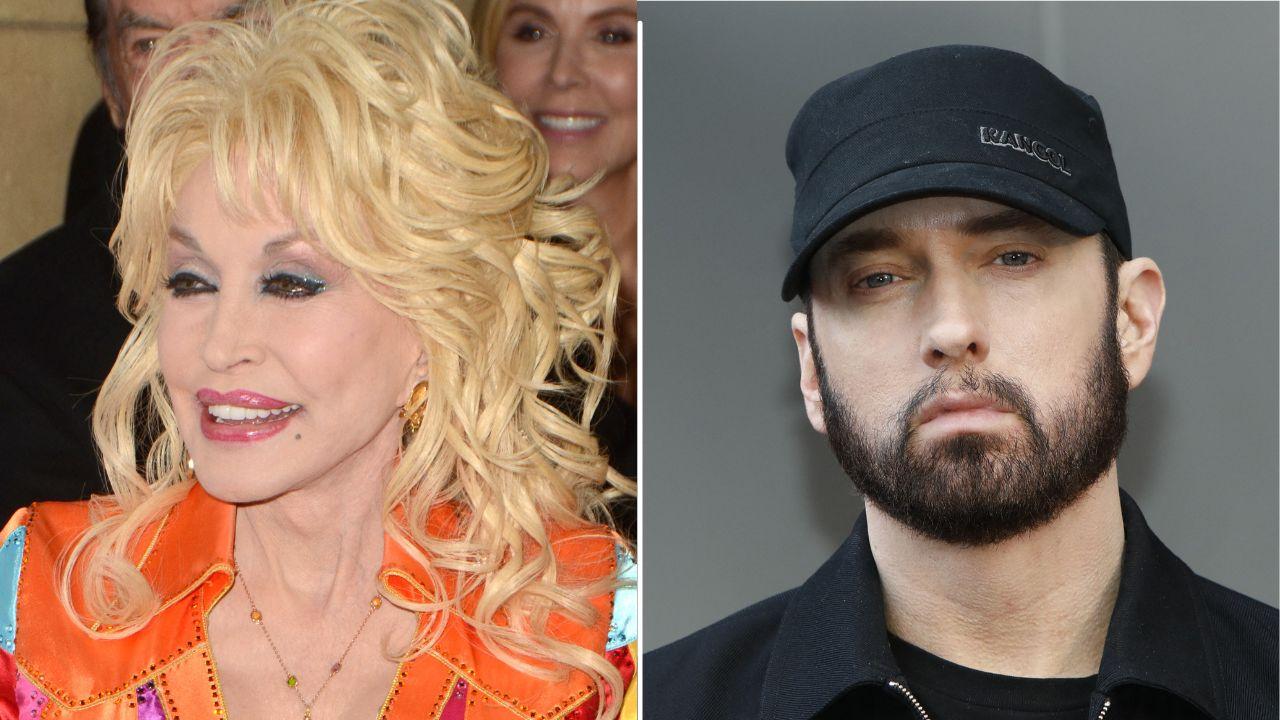 Split photo of Dolly Parton and Eminem