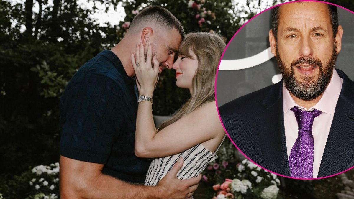 Split photo of Travis Kelce, Taylor Swift & Adam Sandler
