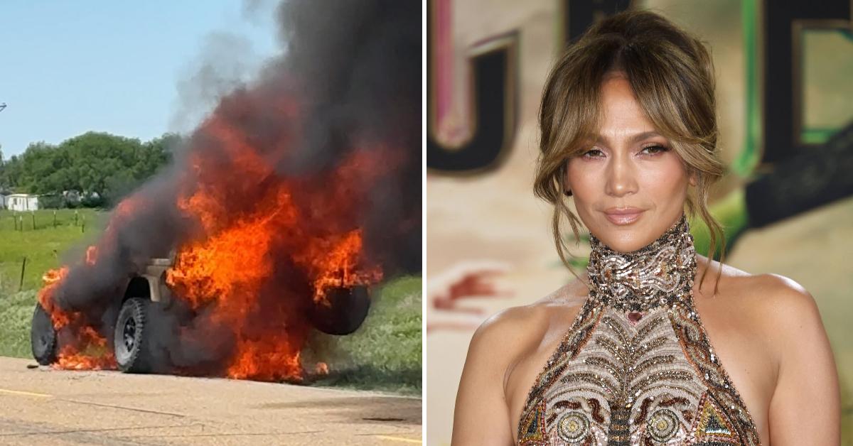 Photo of car fire; picture of Jennifer Lopez.