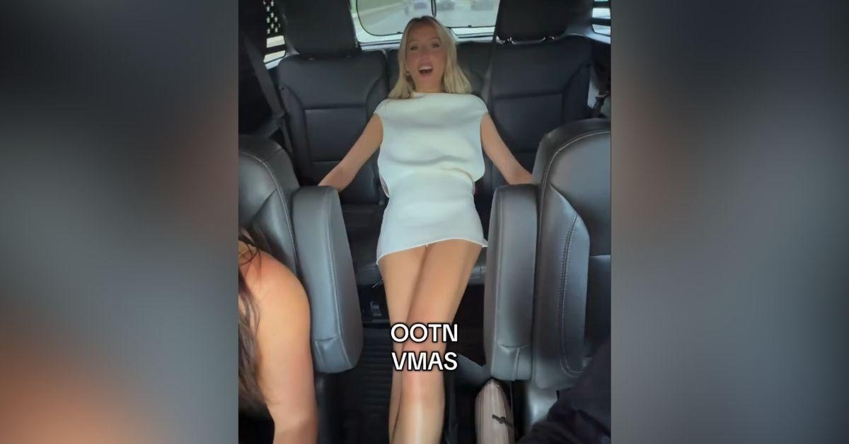 image of To avoid wrinkles, the influencer rode to the show lying flat in the back of a car.