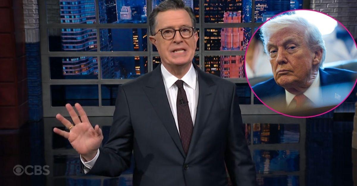 composite photo of donald trump and stephen colbert