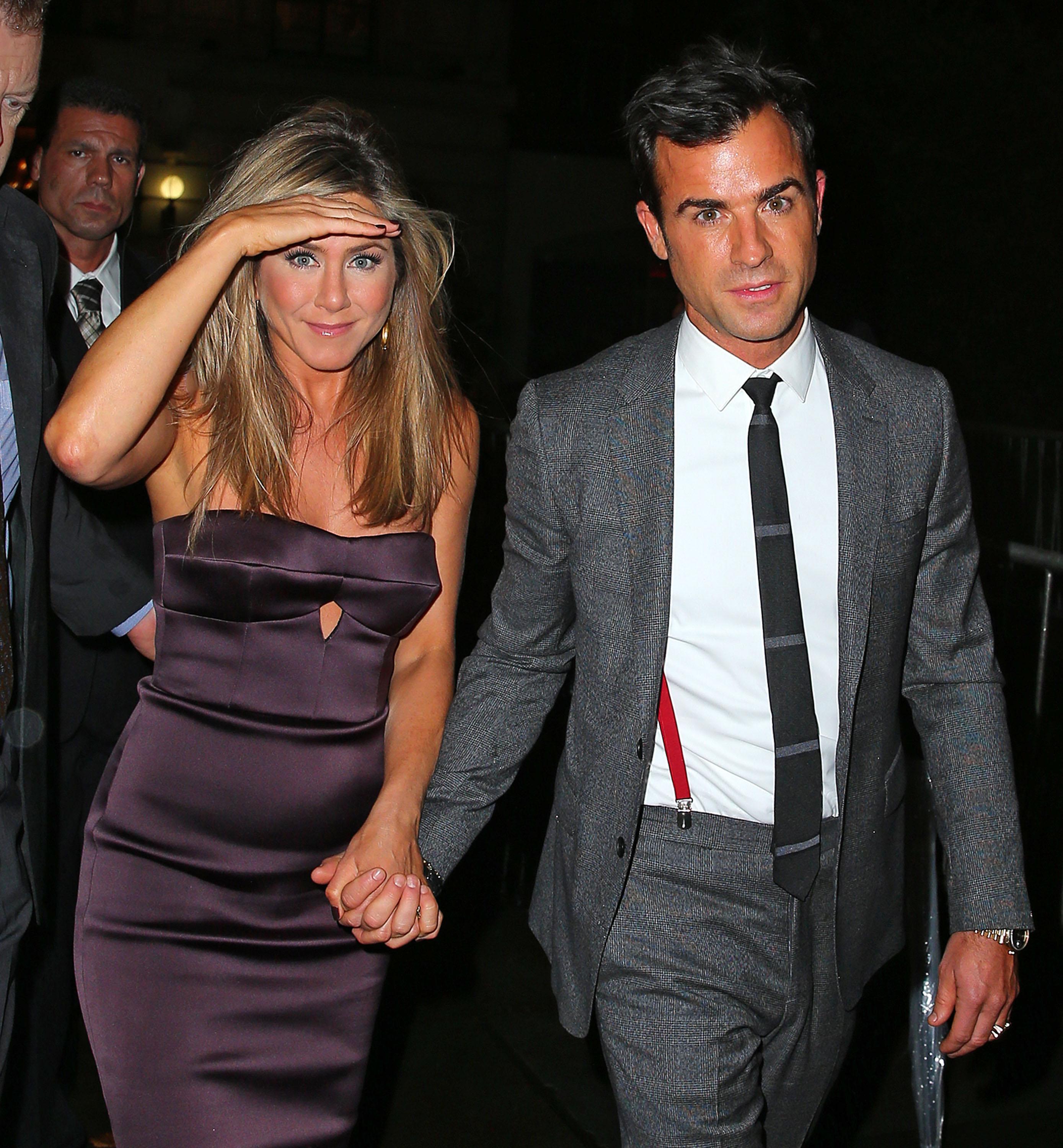 Jennifer Aniston walks hand in hand with Justin Theroux to the afterparty of her new movie, &#8216;We are the Millers&#8217; in NYC