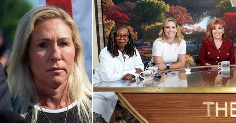 Photo of Marjorie Taylor Greene and photo of Whoopi Goldberg, Sara Haines and Joy Behar