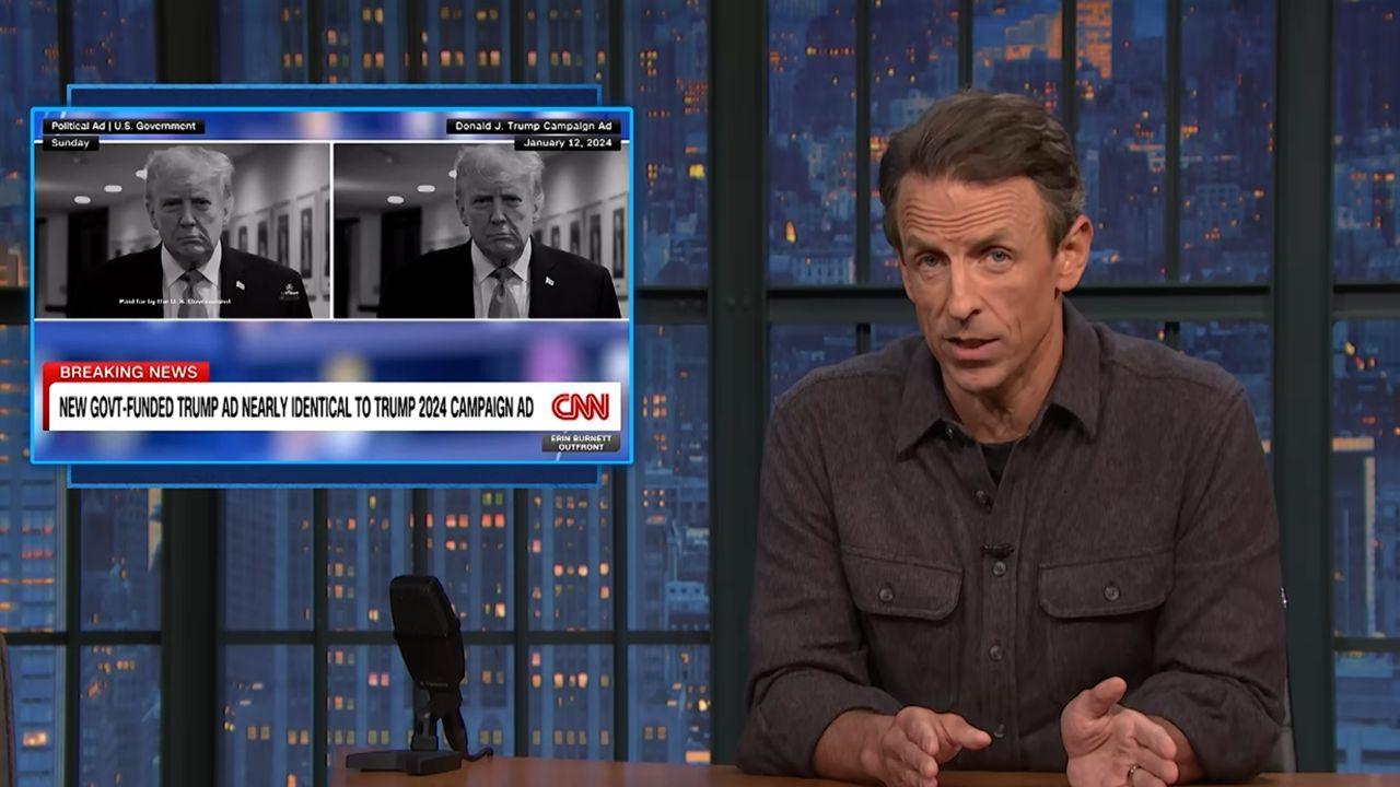 image of Seth Meyers mocked Trump for using taxpayer money to air a recycled campaign advertisement.