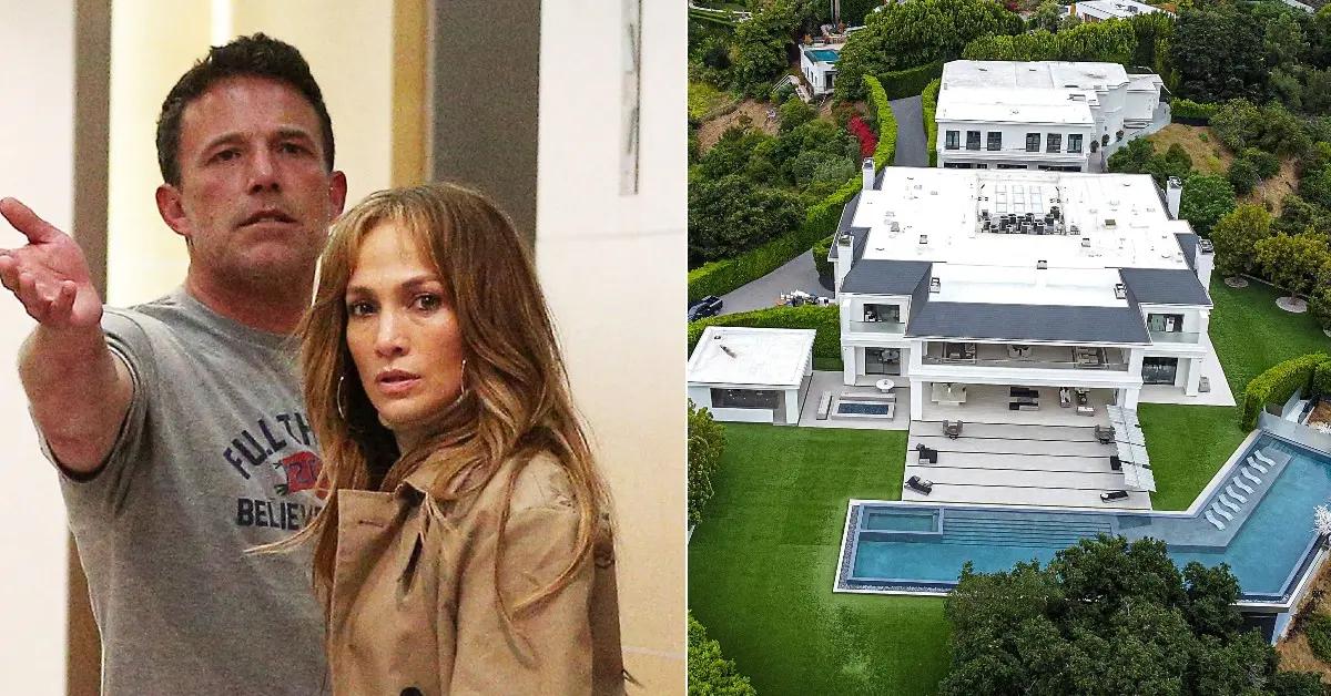 A photo of Jennifer Lopez and Ben Affleck and an image of the couple's house.