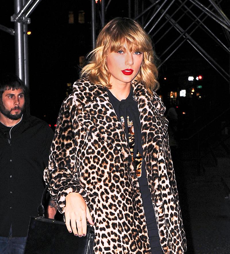 Taylor Swift rocks a cheetah jacket as she heads to Carbone for Lordes 20th birthday in NYC