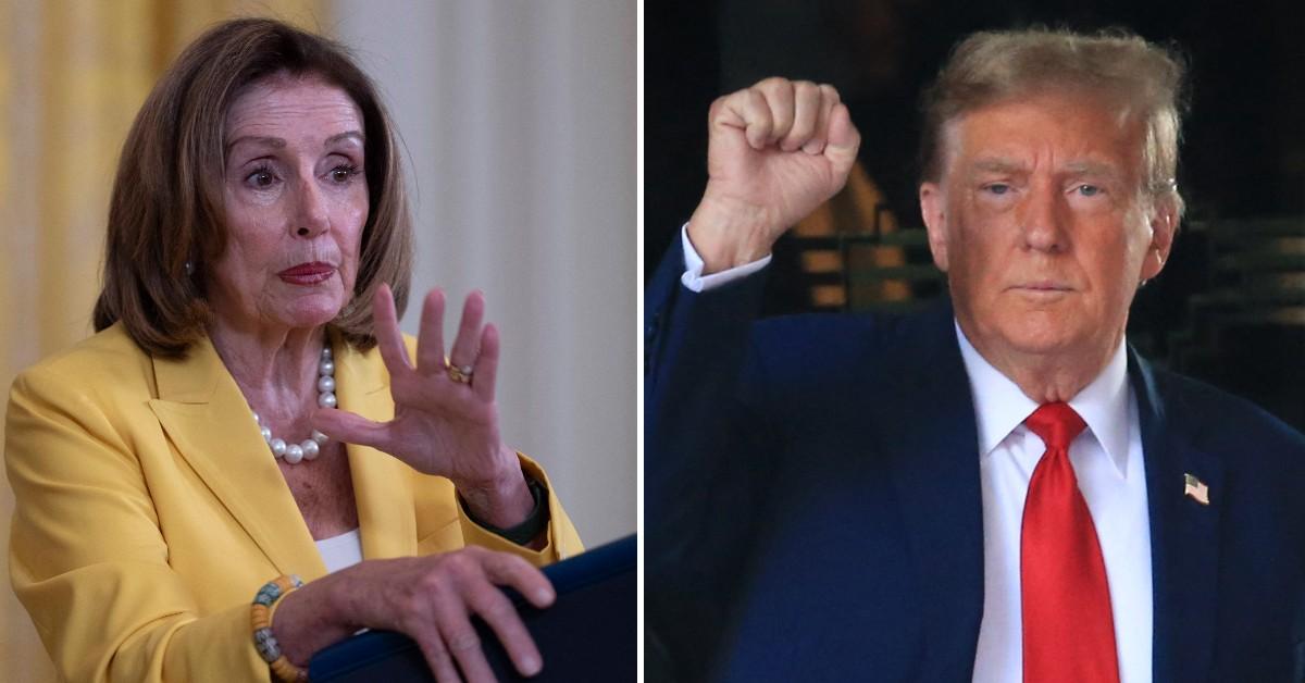 Split photo of Nancy Pelosi and Donald Trump.