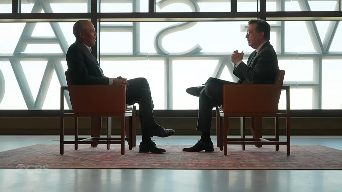 image of Barack Obama sat down with Stephen Colbert for a new interview. 