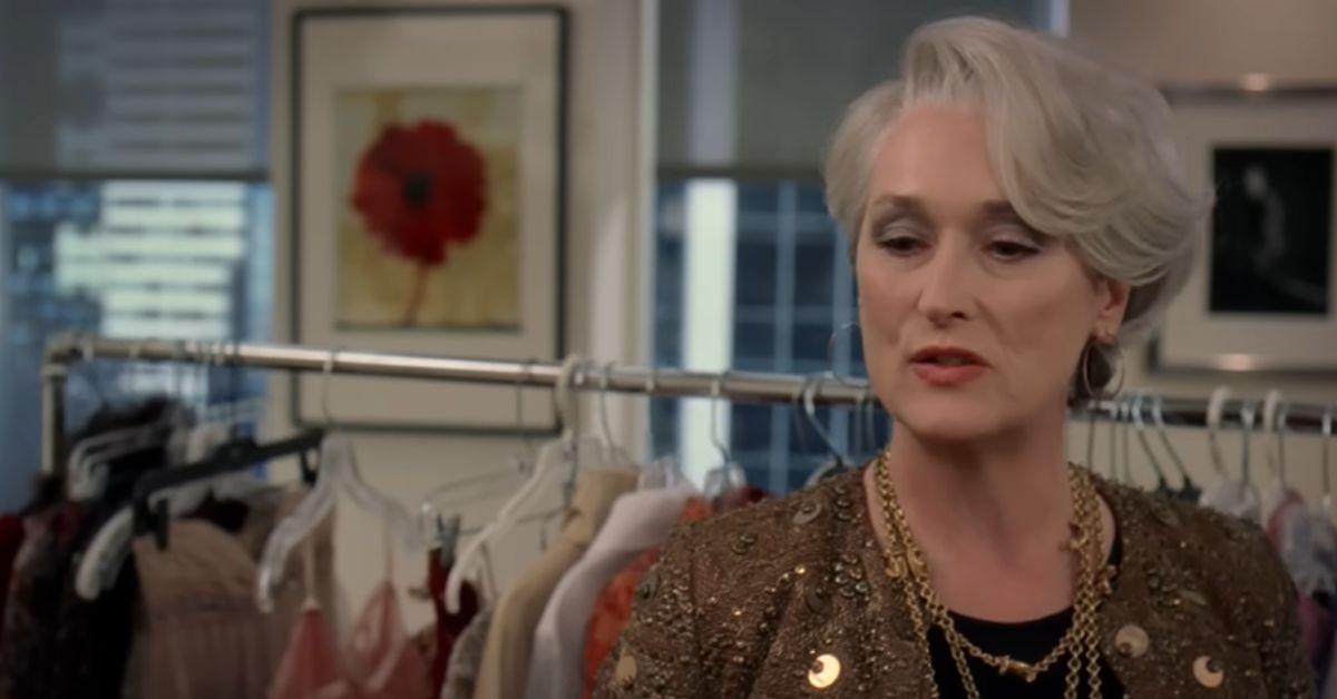 image of Meryl Streep wore a taupe jacket, leather skirt and heels in the new sequel set photos.
