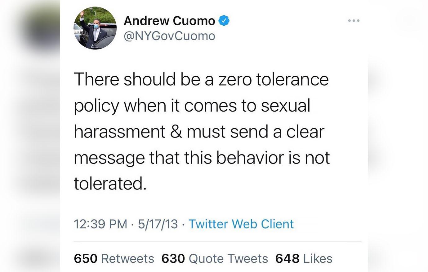 andrew cuomos  tweet about zero tolerance for sexual harassment goes viral ok