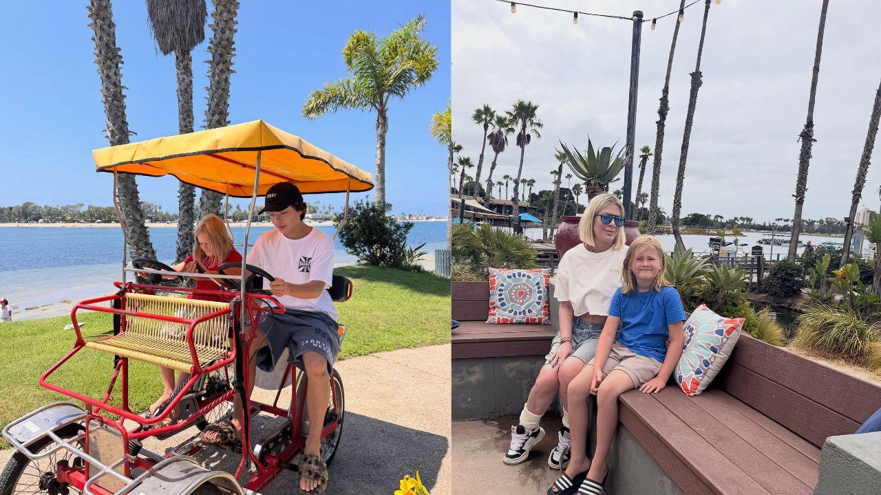 Split image of Tori Spelling's kids pedaling a surrey bike, and Spelling with her youngest son on a bench.