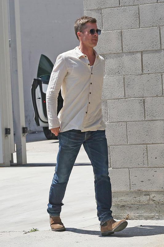 Skinny Brad Pitt can’t hide his protruding collarbone as he steps out in LA over the weekend.