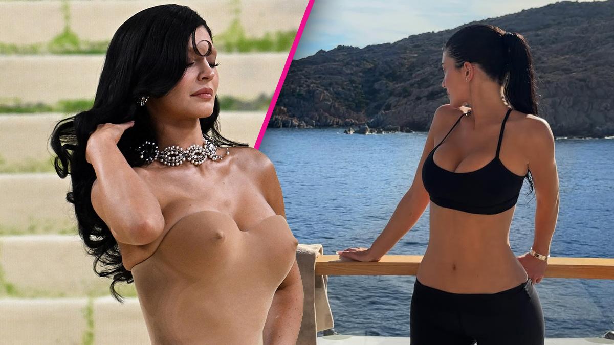 Image of Kylie Jenner worked out in a sports bra aboard a luxury yacht off the coast of Sardinia on an Alo brand trip.