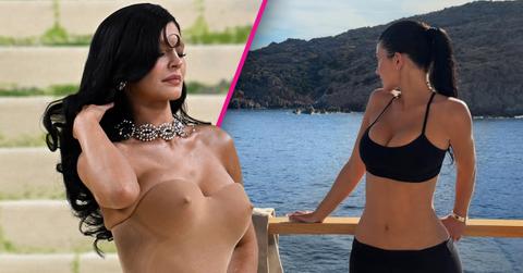 Image of Kylie Jenner worked out in a sports bra aboard a luxury yacht off the coast of Sardinia on an Alo brand trip.