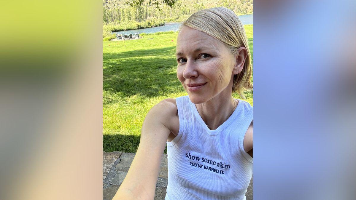 Image of Naomi Watts ditched her bra in a white tank top while snapping a recent selfie.