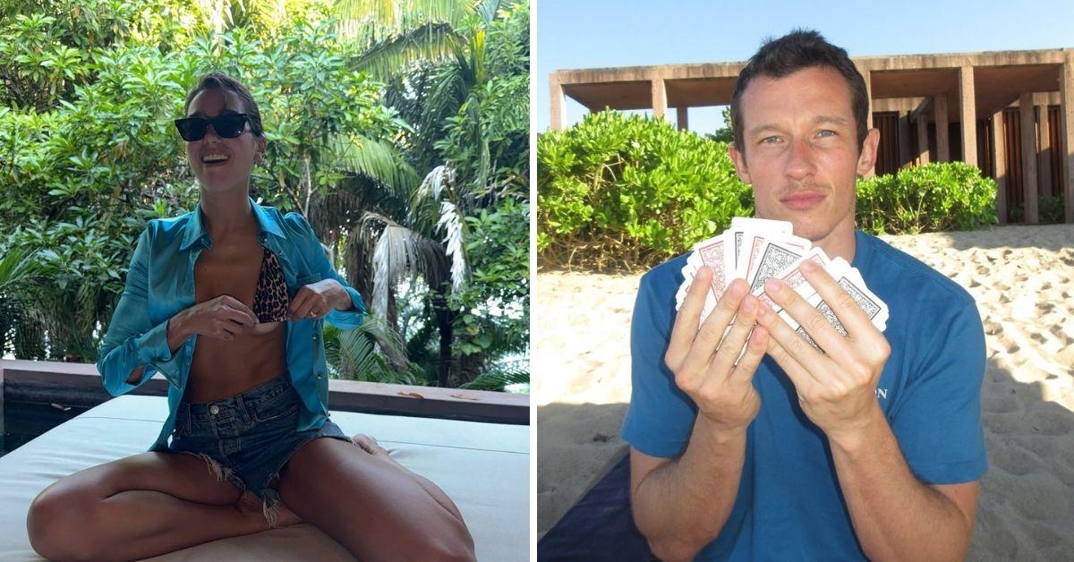 image of The singer showed off her toned abs in a black Burberry swimsuit.