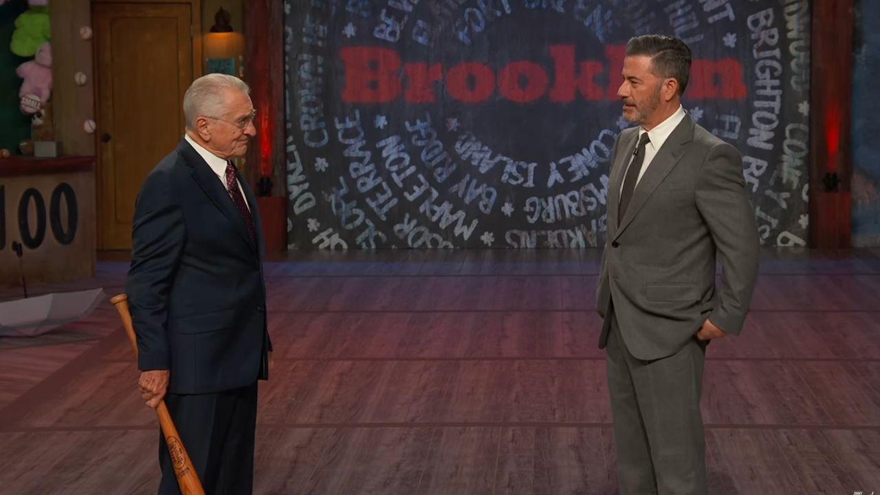 Image of The sketch mocked the FCC dispute through Robert De Niro’s threatening routine with Jimmy Kimmel.