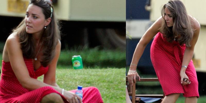 Kate Middleton sitting cross-legged in a red dress as she watches Prince William compete in the Chakravarty Cup charity polo match at Ham Polo Club on June 17, 2006 in Richmond, England