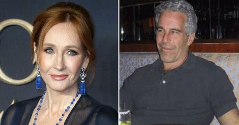 split photo of jeffrey epstein and j.k. rowling