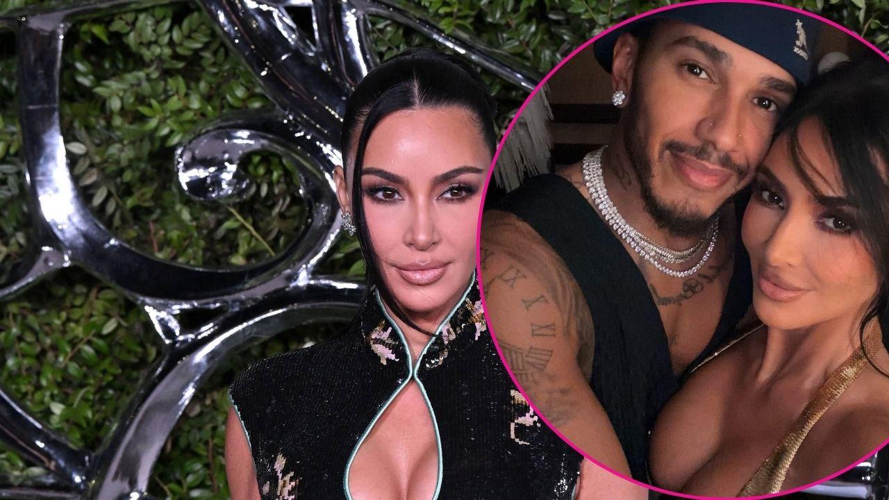 Image of Kim Kardashian taking a selfie with Lewis Hamilton.
